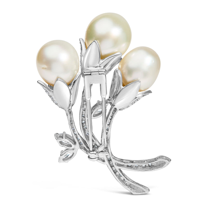 Bids.com 18K White Gold 2 1/5 Cttw Diamond and South Sea Pearl Floral Brooch Pin (G-H Color, VS1-VS2 Clarity) Accessories White Smoke White.Gold / 2.25
