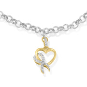 Bids.com 10K Yellow Gold 1/10 Cttw Diamond Awareness Ribbon & Heart Charm on 7" .925 Sterling Silver Rolo Bracelet (H-I Color, I1-I2 Clarity) Bracelets White Smoke YellowWhite.Gold / 7
