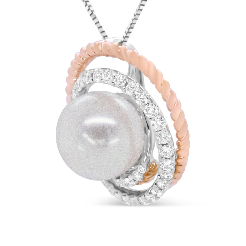 Bids.com 14K Rose and White Gold 3/8 Cttw Pave Diamond and 9mm Round Pearl Spiral Openwork 18" Pendant Necklace- (H-I Color, VS1-VS2 Clarity) Necklaces White Smoke WhiteRose.Gold / 18