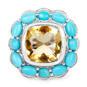 Bids.com 9.26 Carat Genuine Citrine and Turquoise .925 Sterling Silver Ring Rings White Smoke size 7.00,size 5.00,size 6.00,size 8.00,size 9.00