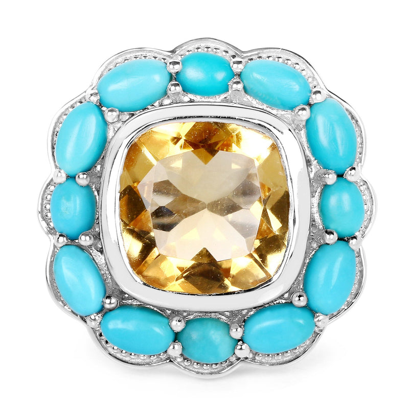 Bids.com 9.26 Carat Genuine Citrine and Turquoise .925 Sterling Silver Ring Rings White Smoke size 7.00,size 5.00,size 6.00,size 8.00,size 9.00