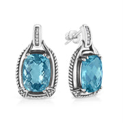 Bids.com .925 Sterling Silver 14x10MM Cushion Cut Blue Topaz Gemstone and Diamond Accent Dangle Earring (I-J Color, I1-I2 Clarity) Earrings White Smoke White.Sterling Silver / 0.098