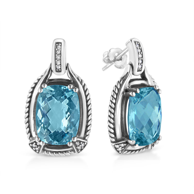 Bids.com .925 Sterling Silver 14x10MM Cushion Cut Blue Topaz Gemstone and Diamond Accent Dangle Earring (I-J Color, I1-I2 Clarity) Earrings White Smoke White.Sterling Silver / 0.098