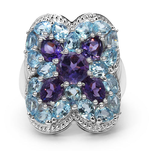 Bids.com 5.53 Carat Genuine Amethyst & Blue Topaz .925 Sterling Silver Ring Rings White Smoke size 7.00,size 6.00,size 8.00,size 5.00,size 9.00
