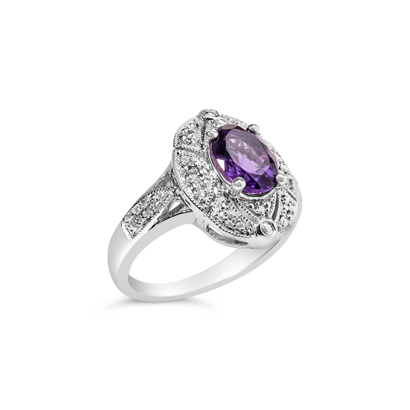 Bids.com .925 Sterling Silver 9x7mm Oval Purple Amethyst and Diamond Accent Art Deco Style Cocktail Ring (I-J Color, I1-I2 Clarity) - Size 6 Rings White Smoke 6 / White.Sterling Silver,7 / White.Sterling Silver,5 / White.Sterling Silver