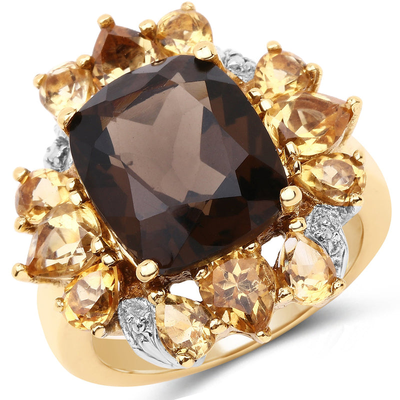Bids.com 14K Yellow Gold Plated 7.10 Carat Genuine Smoky Quartz, Citrine & White Topaz Brass Ring Rings White Smoke size 6.00,size 7.00,size 8.00,size 9.00,size 5.00,size 10.00