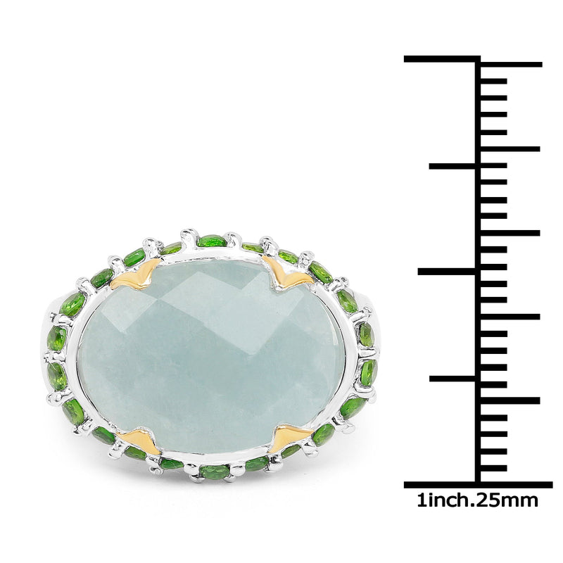 Bids.com Two Tone Plated 9.12 Carat Genuine Milky Aquamarine and Chrome Diopside .925 Sterling Silver Ring Rings White Smoke size 7.00,size 8.00,size 6.00,size 9.00