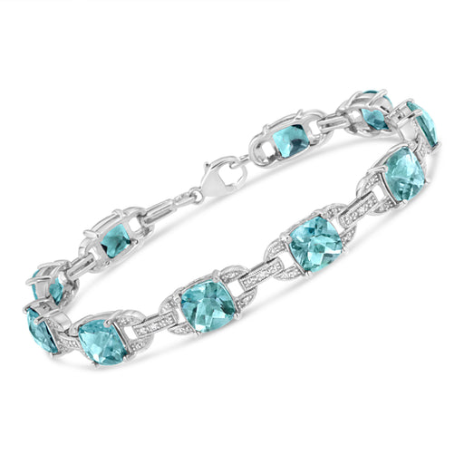 Bids.com .925 Sterling Silver 7x7 mm Cushion Cut Blue Topaz and 1/20 cttw Round Cut Diamond Fashion Tennis Bracelet (I-J Color, I1-I2 Clarity) - 7" Bracelets White Smoke White.Sterling Silver / 7