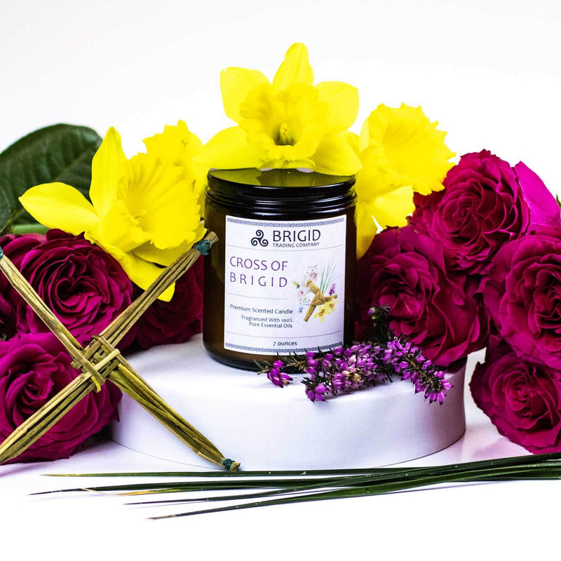 Brigid Trading Company Imbolc Soy Wax Candle - Heather, Rose, Narcissus & Vetiver Premium Scented Candle White Smoke 7oz amber jar,3oz pewter tin