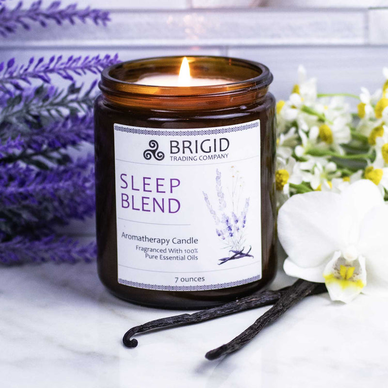 Brigid Trading Company Sleep Blend Soy Wax Candle - Lavender, Chamomile, and Vanilla Aromatherapy Candle White Smoke 7oz amber jar