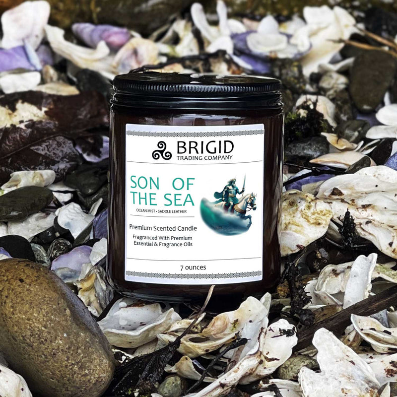 Brigid Trading Company Son of the Sea Soy Wax Candle - Sea Salt, Ocean Breeze, and Saddle Leather Premium Scented Candle White Smoke 7oz amber jar