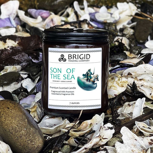 Brigid Trading Company Son of the Sea Soy Wax Candle - Sea Salt, Ocean Breeze, and Saddle Leather Premium Scented Candle White Smoke 7oz amber jar