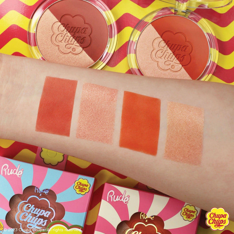 Rude Cosmetics Chupa Chups Candy Combo Face Duo Highlighter Dark Salmon Strawberry Yogurt,Creamy Strawberry,Choco-Vanilla,Refreshing Cola