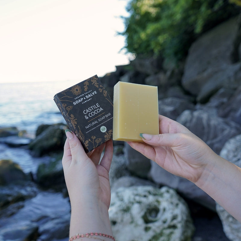 Chagrin Valley Soap & Salve Natural Soap: Castile & Cocoa Soap White Smoke Full Bar 5.6 oz,Travel Size Bar 1.7 oz