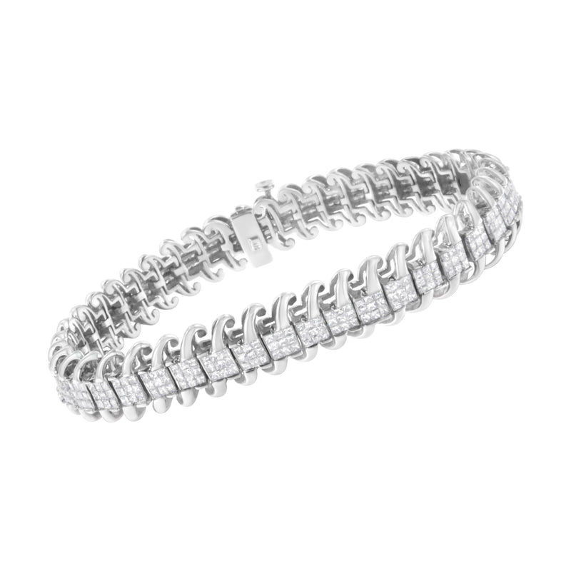 Bids.com 14K White Gold 5.0 Cttw Princess Cut Diamond 7" Invisible Set Wavy S-Link Tennis Bracelet (G-H Color, SI1-SI2 Clarity) Bracelets White Smoke White.Gold / 7