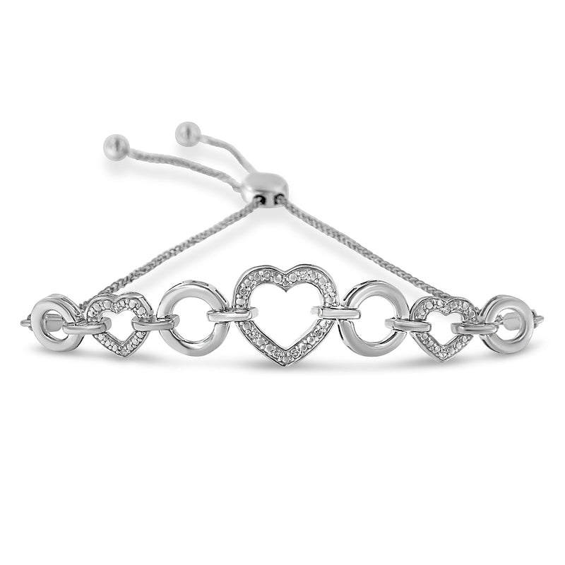 Bids.com .925 Sterling Silver 1/10 Cttw Round-Cut Diamond Heart-Link Adjustable Bolo Bracelet ( H-I Color, I2-I3 Clarity) - 6"-9" Adjustable Bracelets White Smoke White.Sterling Silver / 7