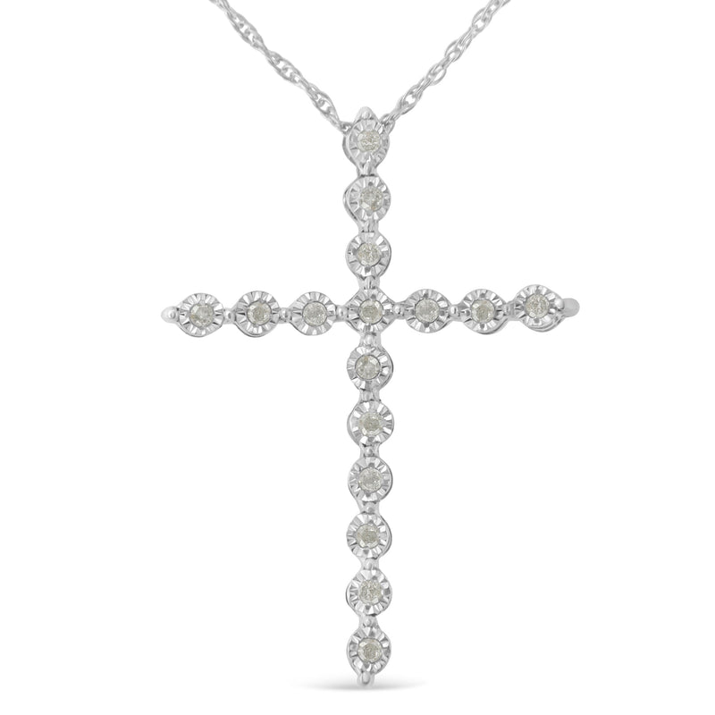 Bids.com .925 Sterling Silver 1/6 Cttw Brilliant-Cut Diamond Miracle-Set Shared Prong Cross 18" Pendant Necklace (I-J Color, I2-I3 Clarity) Necklaces White Smoke White.Sterling Silver / 18