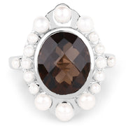 Bids.com 5.75 Carat Genuine Smoky Quartz and Pearl .925 Sterling Silver Ring Rings White Smoke size 7.00,size 6.00,size 8.00,size 9.00