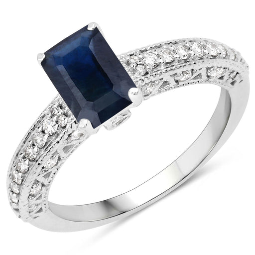 Bids.com 1.55 Carat Genuine Blue Sapphire and White Diamond 14K White Gold Ring (I Color, SI Clarity) Rings White Smoke size 7.00,size 6.00,size 8.00