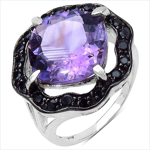 Bids.com 6.09 Carat Genuine Amethyst & Black Spinel .925 Sterling Silver Ring Rings White Smoke size 7.00,size 6.00,size 8.00,size 9.00