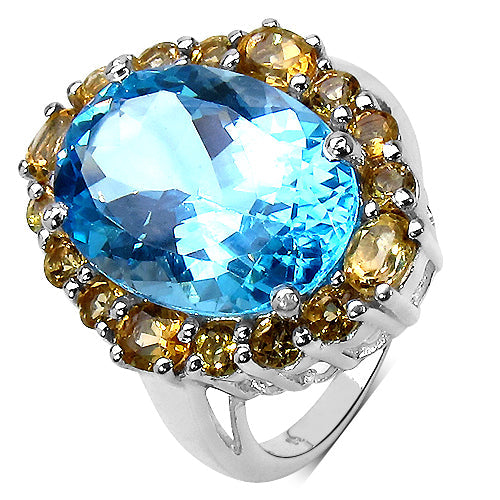 Bids.com 12.73 Carat Genuine Blue Topaz & Citrine .925 Sterling Silver Ring Rings White Smoke size 7.00,size 6.00,size 8.00,size 9.00