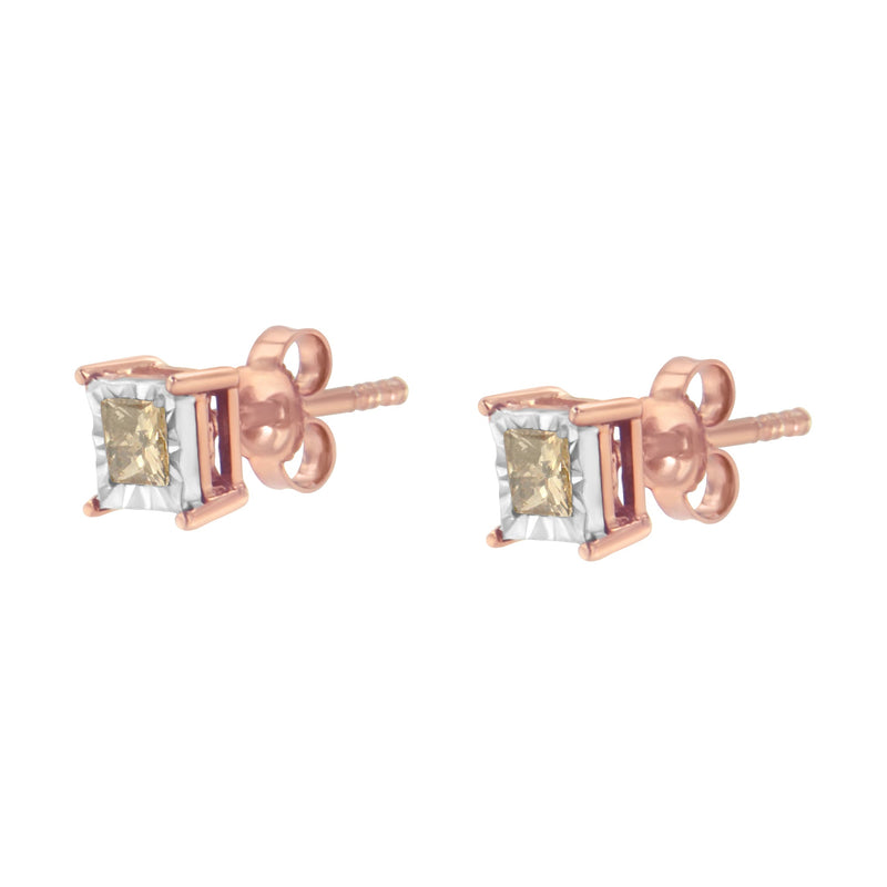 Bids.com 14K Rose Gold Plated Two-Tone .925 Sterling Silver 1/2 Cttw Princess-Cut Square Diamond Solitaire Miracle-Plate Stud Earrings (K-L Color, I2-I3 Clarity) Earrings White Smoke WhiteRose.Sterling Silver / 0.5