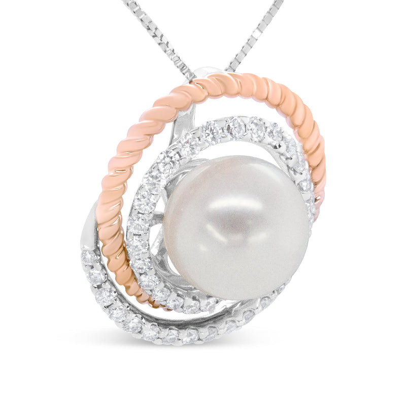Bids.com 14K Rose and White Gold 3/8 Cttw Pave Diamond and 9mm Round Pearl Spiral Openwork 18" Pendant Necklace- (H-I Color, VS1-VS2 Clarity) Necklaces White Smoke WhiteRose.Gold / 18