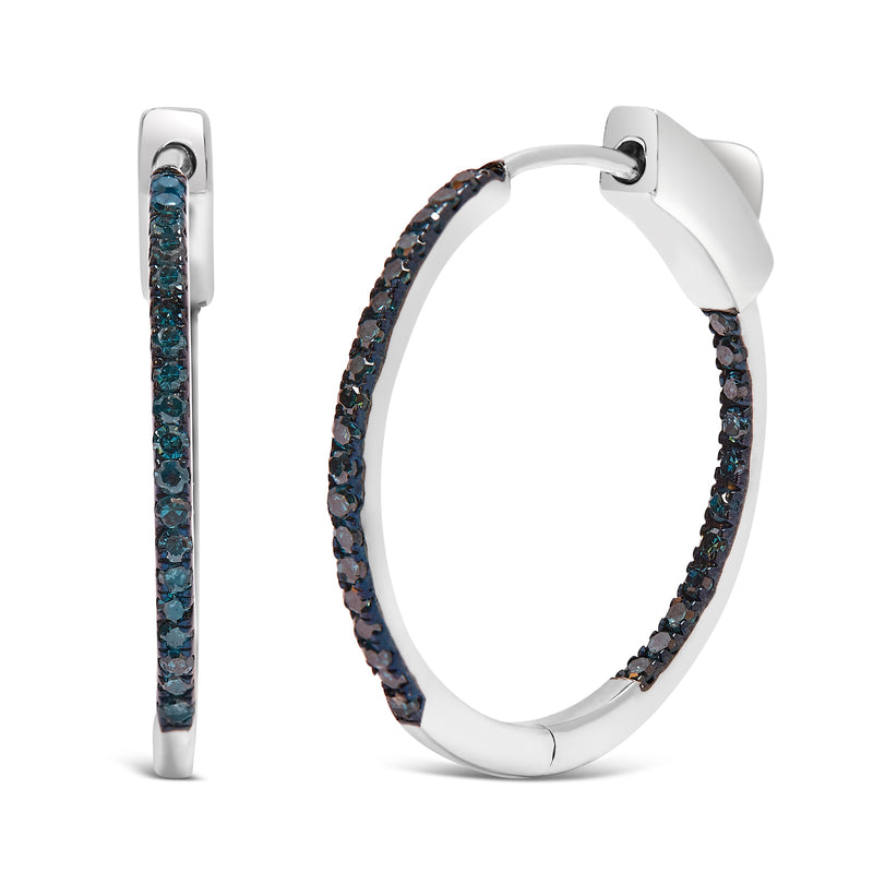 Bids.com .925 Sterling Silver 1/3 Cttw Inside Out Blue Treated Diamond 1MM Wide Hoop Earrings (Blue Color, I2-I3 Clarity) Earrings White Smoke White.Sterling Silver / 0.32