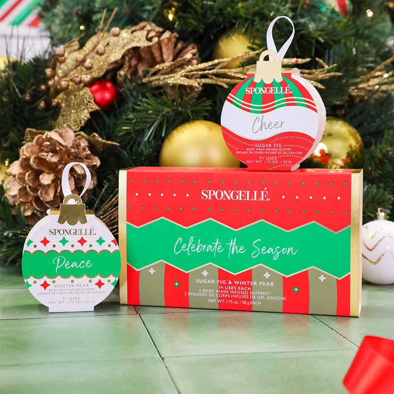 Spongellé Celebrate the Season | Holiday Ornament Gift Set Body Wash Infused Buffer Tan