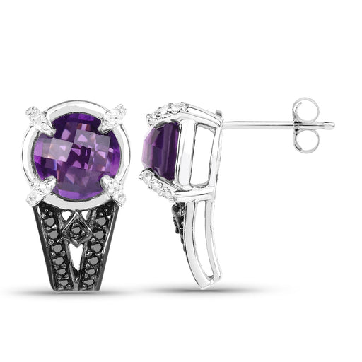 Bids.com 3.61 Carat Genuine Amethyst, Black Diamond and White Diamond .925 Sterling Silver Earrings Earrings White Smoke