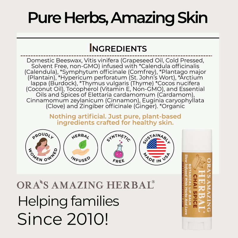 Ora's Amazing Herbal Natural Lip Balm, Herbal Infused, Chai Spice White Smoke