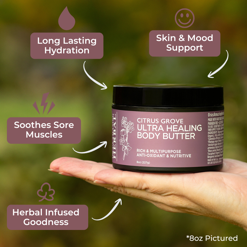 Ora's Amazing Herbal Ultra Healing Body Butter, Citrus Grove Marjoram Dark Olive Green 1 oz Mini,2 oz Travel,8 oz