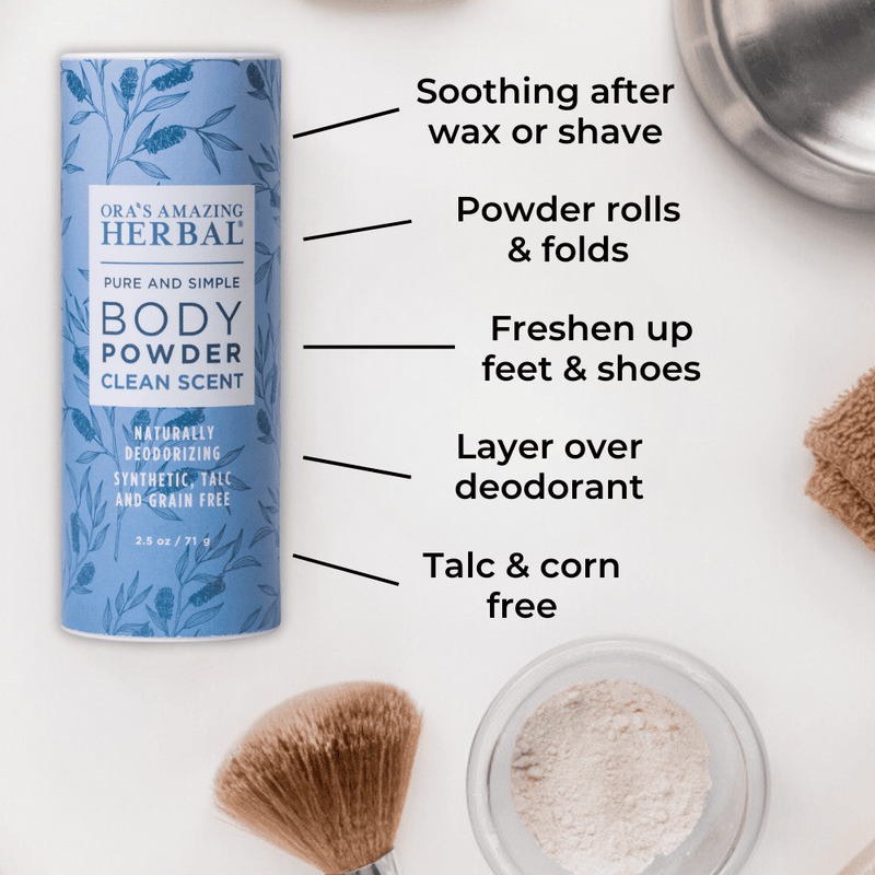 Ora's Amazing Herbal Talc Free Body Powder, Clean Scent Body Powder Light Gray Full Size 2.5 oz