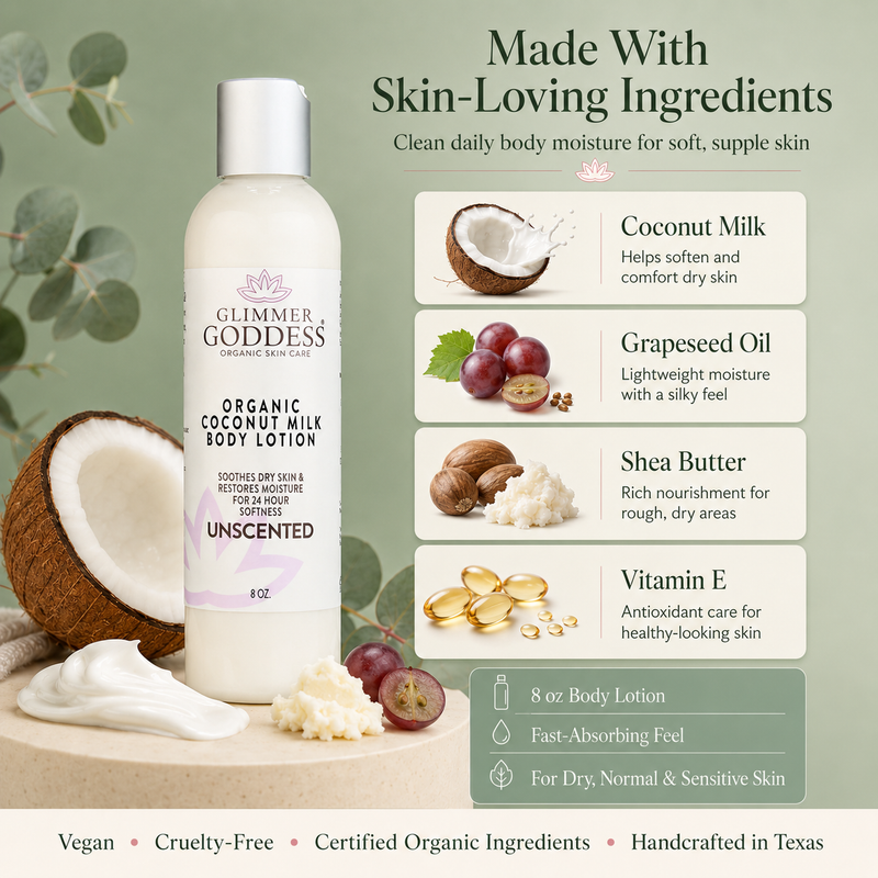 Glimmer Goddess® Organic Skin Care Organic Coconut Milk Body Lotion – Ultra-Hydrating Lotions & Creams Seashell 8 oz. / Unscented,8 oz. / Lavender Lemon
