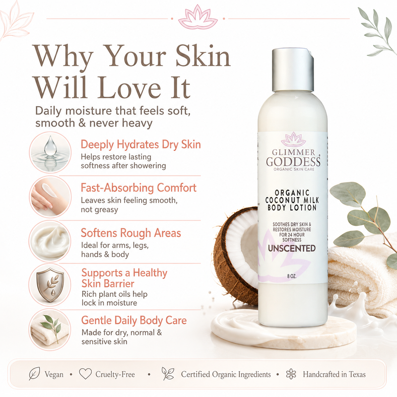 Glimmer Goddess® Organic Skin Care Organic Coconut Milk Body Lotion – Ultra-Hydrating Lotions & Creams White Smoke 8 oz. / Unscented,8 oz. / Lavender Lemon