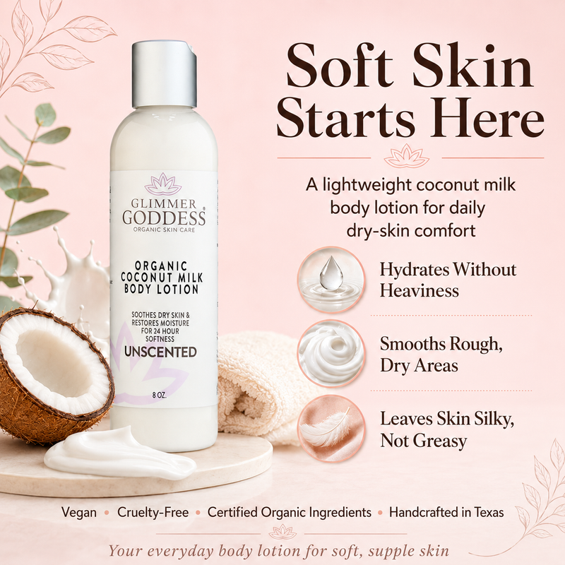 Glimmer Goddess® Organic Skin Care Organic Coconut Milk Body Lotion – Ultra-Hydrating Lotions & Creams Misty Rose 8 oz. / Unscented,8 oz. / Lavender Lemon