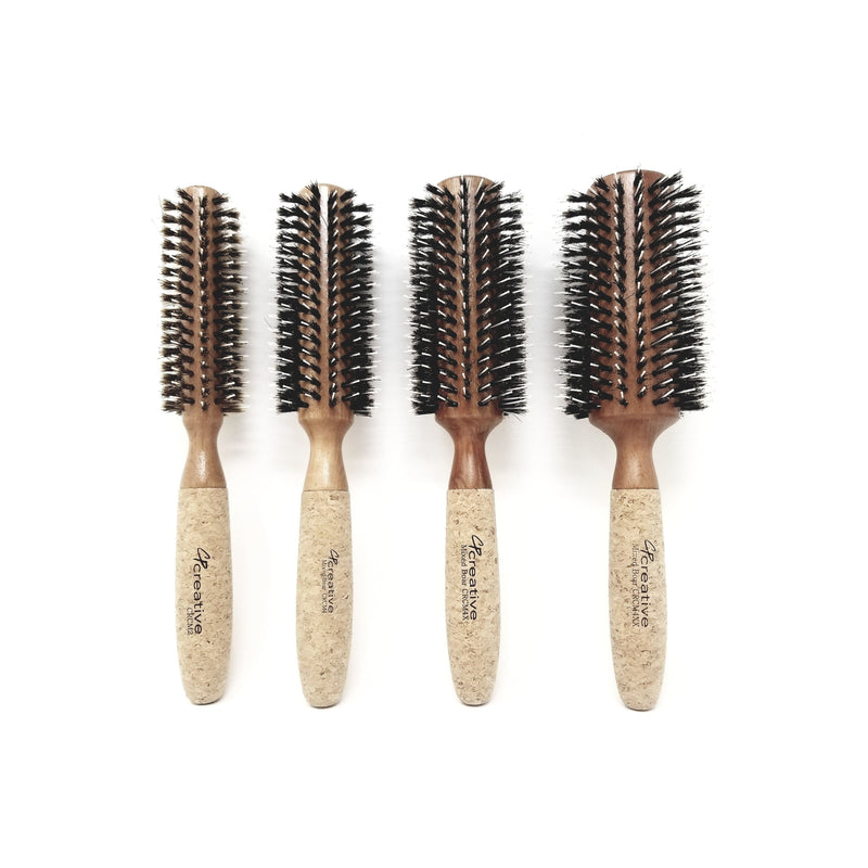 Creative Pro Hair Tools Eco-Friendly Birchwood and Cork Mixed Boar Bristle Round Hair Brush Hair Brush White Smoke Set of all 4 sizes