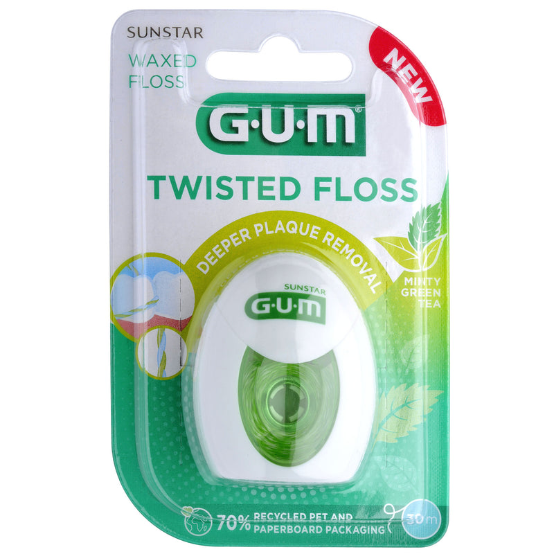 GUM GUM Twisted Floss Deeper Plaque Removal Minty Green Tea 30m Dental Floss White Smoke