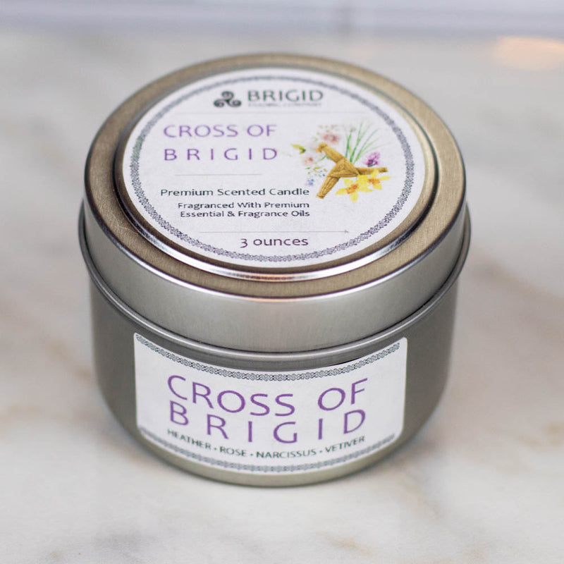 Brigid Trading Company Imbolc Soy Wax Candle - Heather, Rose, Narcissus & Vetiver Premium Scented Candle Gray 3oz pewter tin