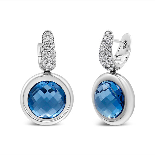 Bids.com 18K White Gold Bezel Set 11mm Blue Topaz and 1/2 Cttw Invisible Set Diamond Bale Dangle Earrings (F-G Color, VS1-VS2 Clarity) Earrings White Smoke White.Gold / 0.52