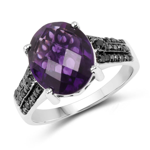 Bids.com 3.96 Carat Genuine Amethyst & Black Diamond .925 Sterling Silver Ring Rings White Smoke size 7.00,size 6.00,size 8.00,size 9.00
