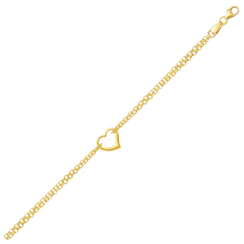 Bids.com 14k Yellow Gold Double Rolo Chain Anklet with an Open Heart Station Accessories White Smoke 10 / Yellow Gold