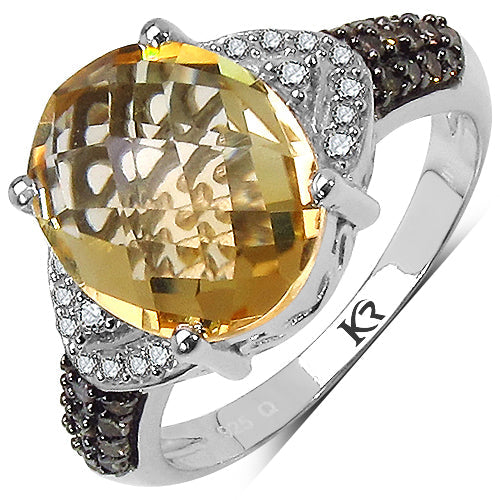 Bids.com 4.69 Carat Genuine Citrine, Champagne Diamond & White Diamond .925 Sterling Silver Ring Rings White Smoke size 8.00,size 6.00,size 7.00,size 9.00
