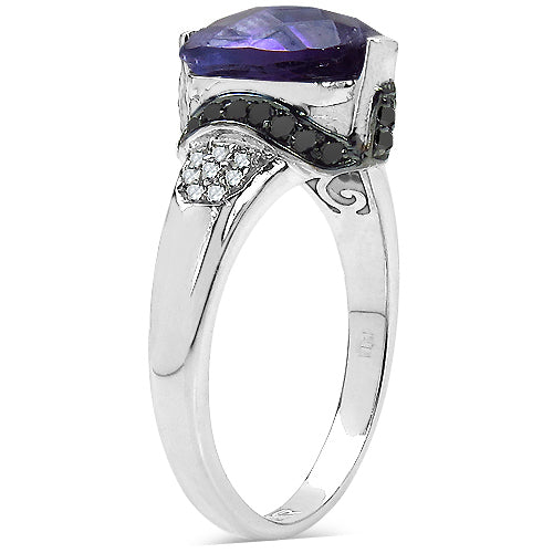 Bids.com 3.71 Carat Genuine Amethyst, Black Diamond & White Diamond .925 Sterling Silver Ring Rings White Smoke size 8.00,size 6.00,size 7.00,size 9.00