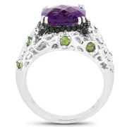 Bids.com 3.27 Carat Genuine Amethyst, Chrome Diopside & Black Diamond .925 Sterling Silver Ring Rings White Smoke size 6.00,size 8.00,size 7.00,size 5.00,size 9.00,size 10.00