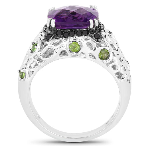 Bids.com 3.27 Carat Genuine Amethyst, Chrome Diopside & Black Diamond .925 Sterling Silver Ring Rings White Smoke size 6.00,size 8.00,size 7.00,size 5.00,size 9.00,size 10.00