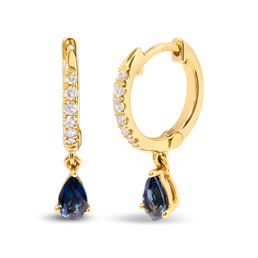Bids.com 10K Yellow Gold Pear Blue Sapphire and 1/10 Cttw Diamond Drop and Dangle Huggy Hoop Earrings (H-I Color, I1-I2 Clarity) Earrings White Smoke Yellow.Gold / 0.118
