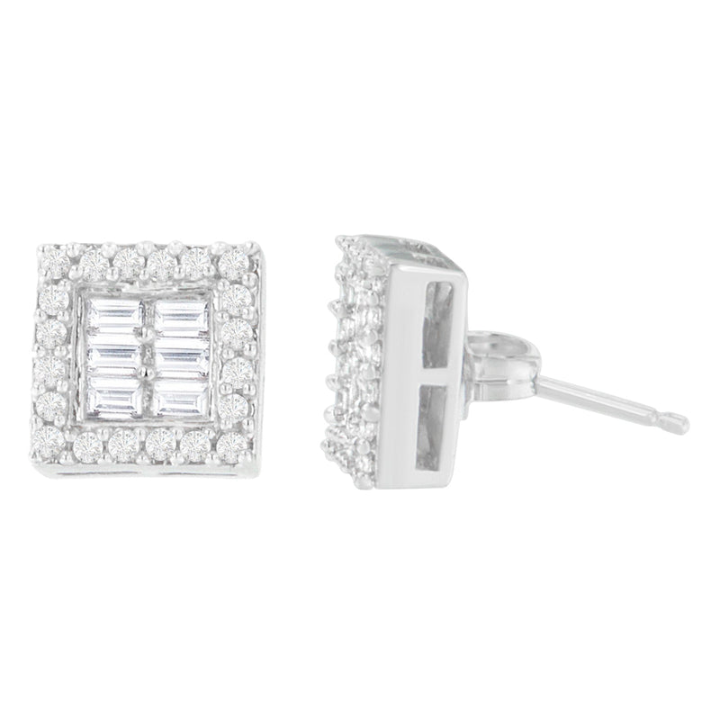 Bids.com 14K White Gold 1 cttw Round and Baguette Diamond Stud Earrings (H-I, SI1-SI2) Earrings White Smoke White.Gold / 0.99
