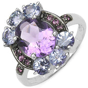 Bids.com 4.04 Carat Genuine Amethyst & Tanzanite .925 Sterling Silver Ring Rings White Smoke size 7.00,size 6.00,size 8.00,size 9.00