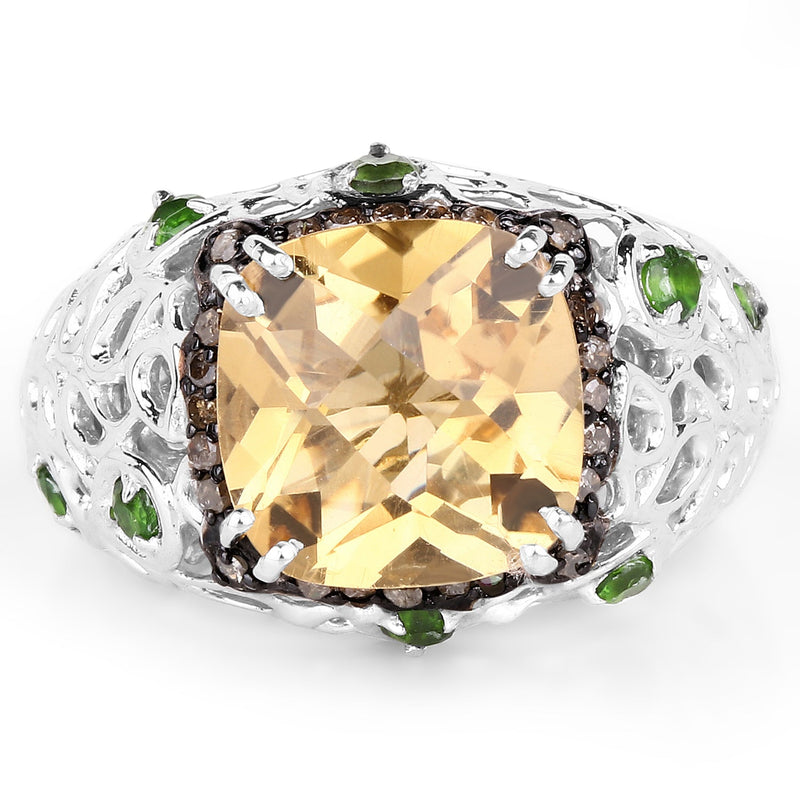 Bids.com 4.13 Carat Genuine Citrine, Chrome Diopside & Champagne Diamond .925 Sterling Silver Ring Rings White Smoke size 6.00,size 7.00,size 8.00,size 9.00,size 5.00,size 10.00